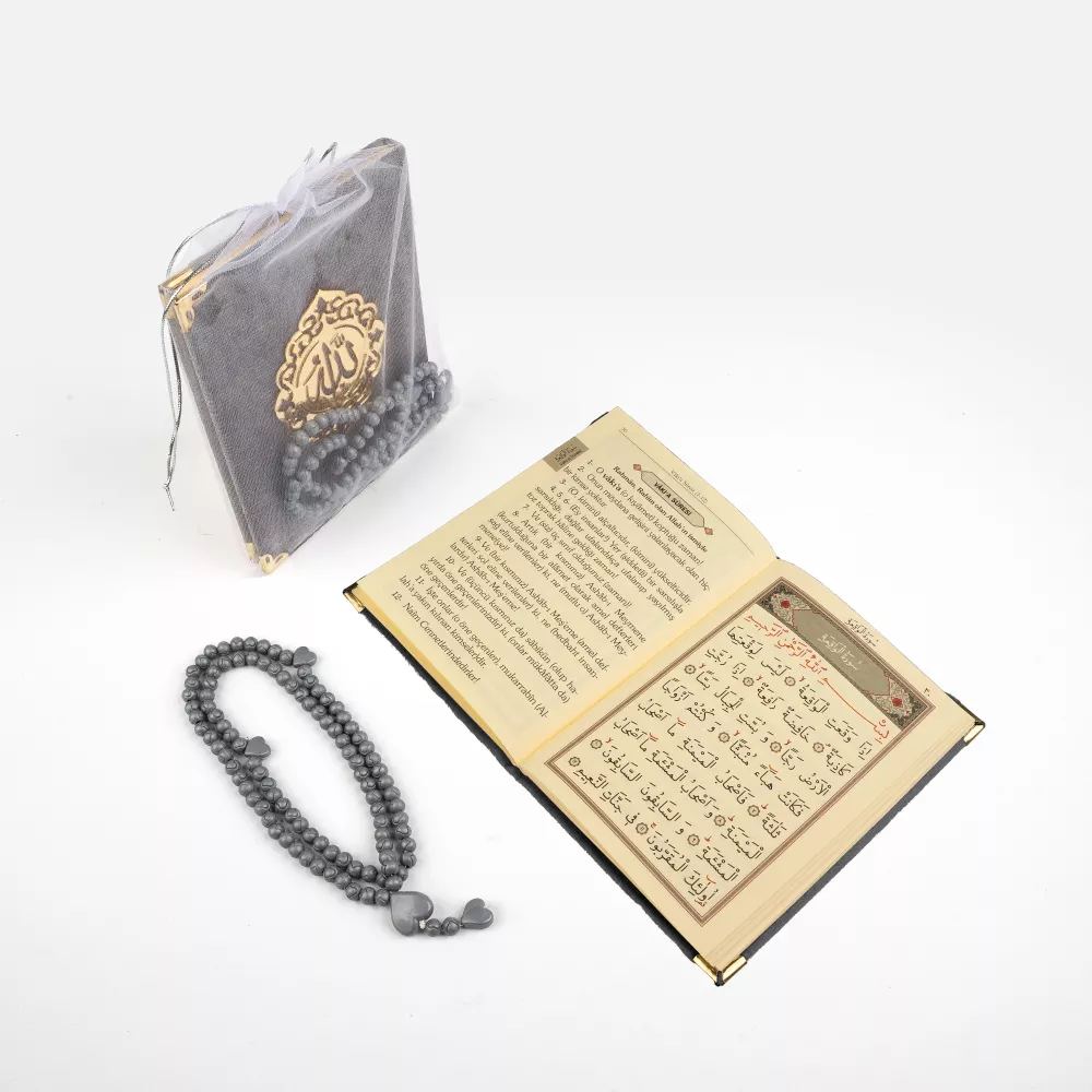 Tesbih + Yasin Hediye Seti (Çanta Boy, Tül Keseli, Gri)