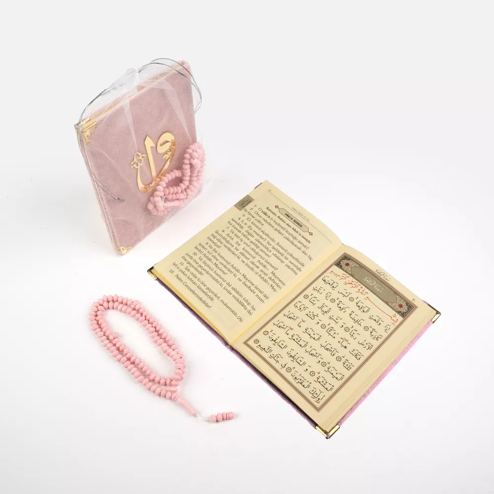 Tesbih + Yasin Hediye Seti (Çanta Boy, Tül Keseli, Gül Kokulu, Bebe Pembe)