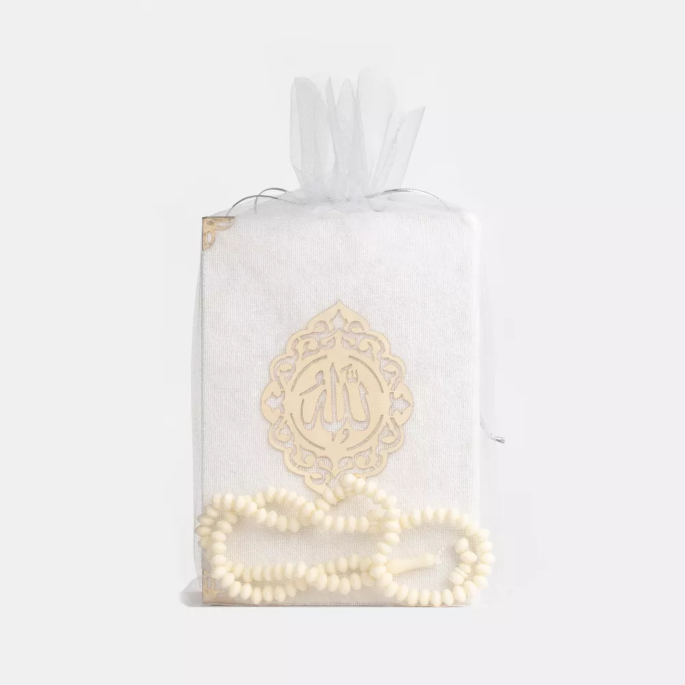 HAYRAT NEŞRİYAT - Gül Kokulu Tesbih + Yasin Hediye Seti (Çanta Boy, Lafzatullah, Tül Keseli, Krem)