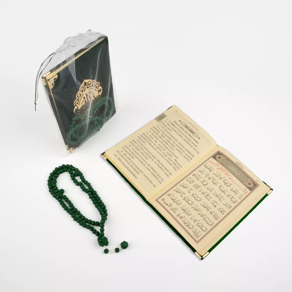 Gül Kokulu Tesbih + Yasin Hediye Seti (Çanta Boy, Lafzatullah, Tül Keseli, Yeşil) - Thumbnail