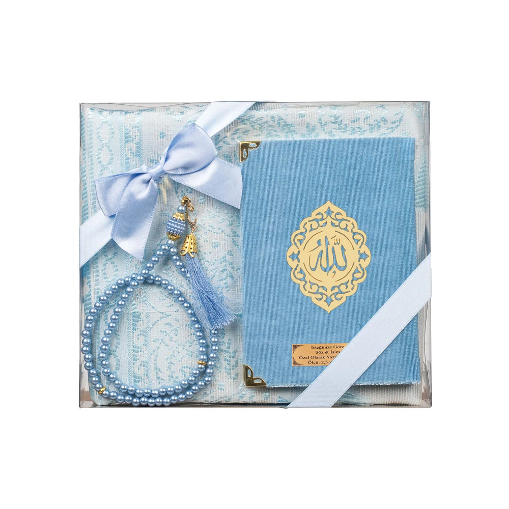 Yasin + Seccade + Tesbih Hediye Seti (Çanta Boy, Raşel Cilt, ŞemsLafzatullah, Bebe Mavi)