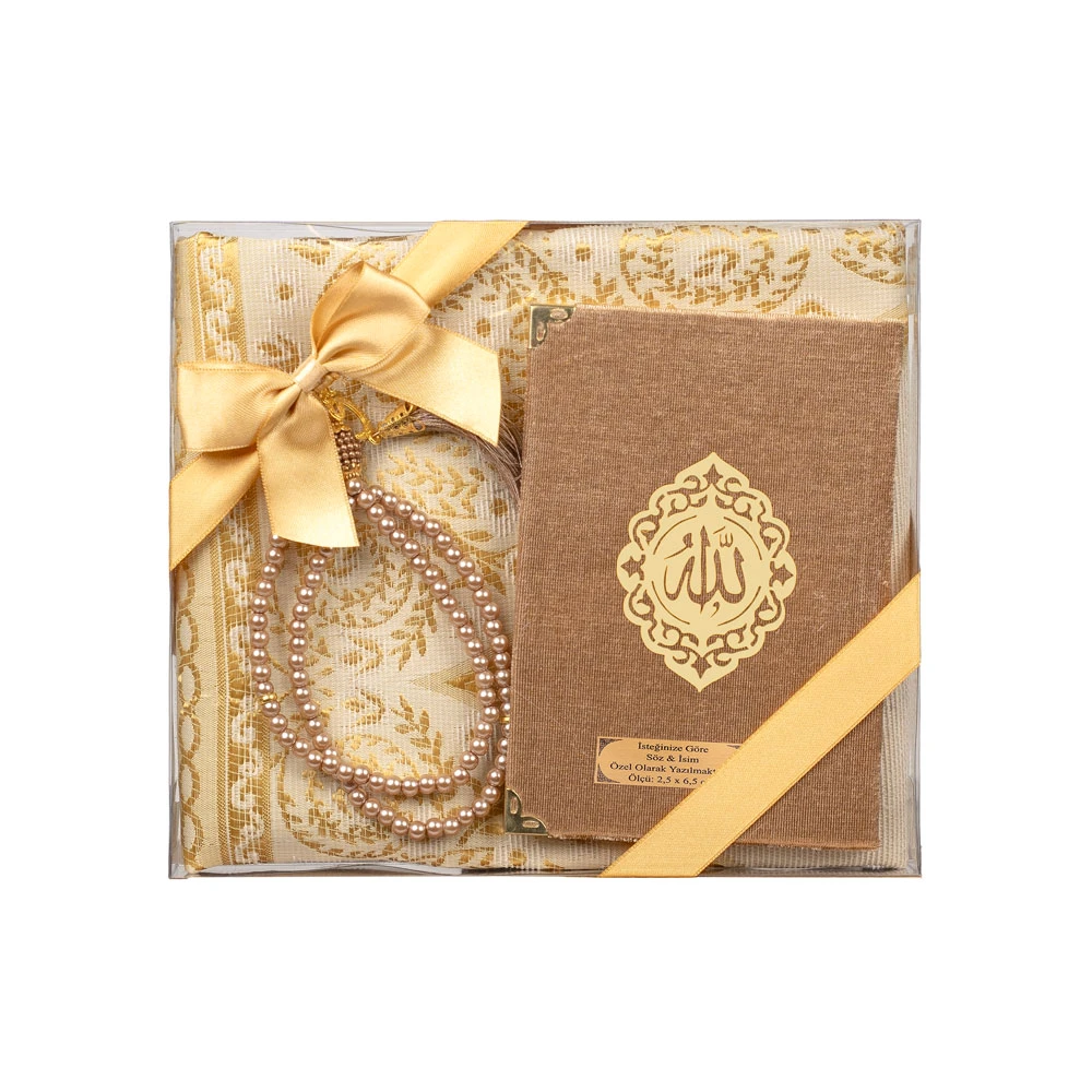 Yasin + Seccade + Tesbih Hediye Seti (Çanta Boy, Raşel Cilt, ŞemsLafzatullah, Gold)