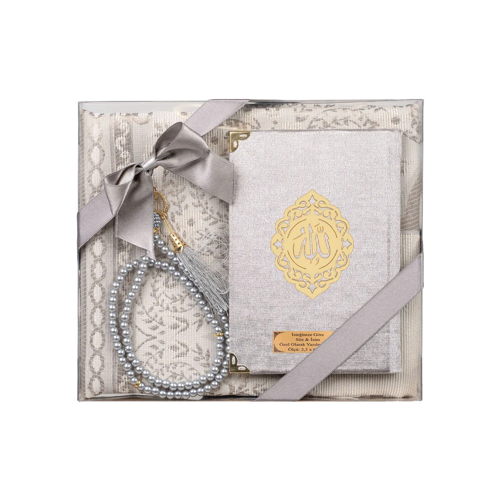 Yasin + Seccade + Tesbih Hediye Seti (Çanta Boy, Raşel Cilt, ŞemsLafzatullah, Gri)