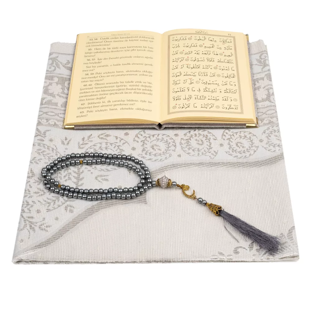 Yasin + Seccade + Tesbih Hediye Seti (Çanta Boy, Raşel Cilt, ŞemsLafzatullah, Gri)