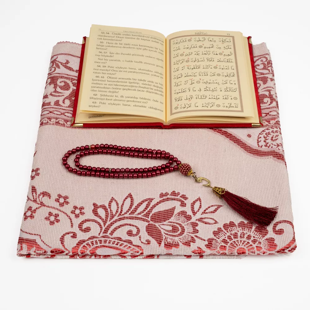 Yasin + Seccade + Tesbih Hediye Seti (Çanta Boy, Raşel Cilt, ŞemsLafzatullah, Kırmızı)