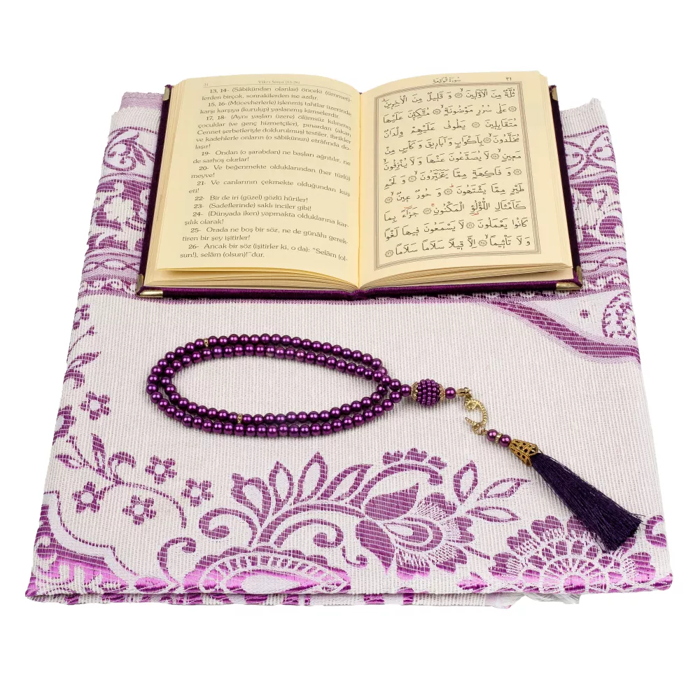 Yasin + Seccade + Tesbih Hediye Seti (Çanta Boy, Raşel Cilt, ŞemsLafzatullah, Mor)
